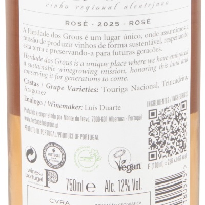 Rótulo de garrafa de vinho rosé Herdade dos Grous com texto e certificados