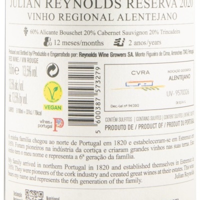 Etiqueta de vinho Julian Reynolds Reserva 2020 Alentejano
