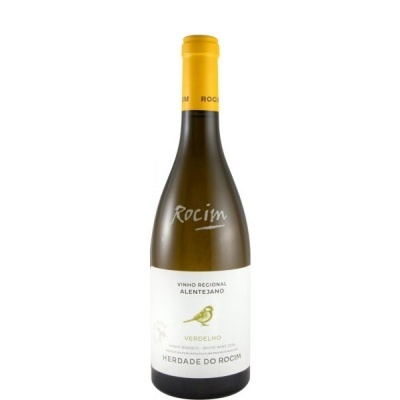 Garrafa de vinho branco Verdelho com rótulo branco e texto da Herdade do Rocim