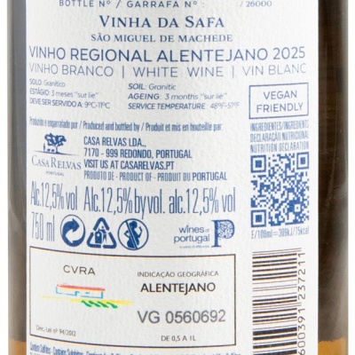 Etiqueta de vinho branco Sauvignon Blanc Alentejano 2025 com informações de produção e ingredientes