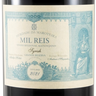 Rótulo de vinho tinto Syrah Mil Reis 2021 da Herdade da Maroteira com ilustração azul