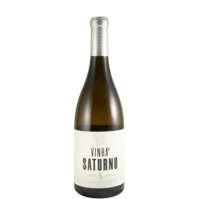 Garrafa de vinho branco Vinha de Saturno com rótulo branco e tampa prateada