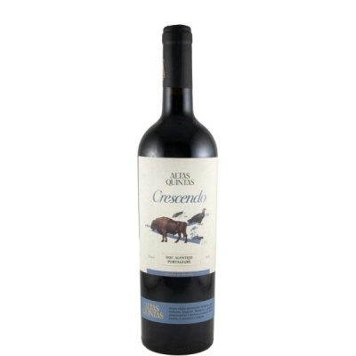 Garrafa de vinho tinto Altas Quintas Crescendo com rótulo branco e azul