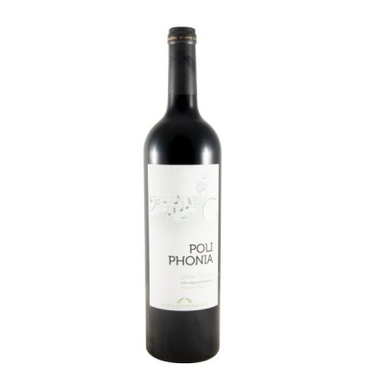 Garrafa de vinho tinto POLI PHONIA com rótulo branco