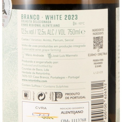 Rótulo de vinho branco Alentejano 2023 com informações de castas, volume e álcool
