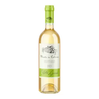 Garrafa de vinho branco Monte da Colónia 2021 com rótulo branco e verde