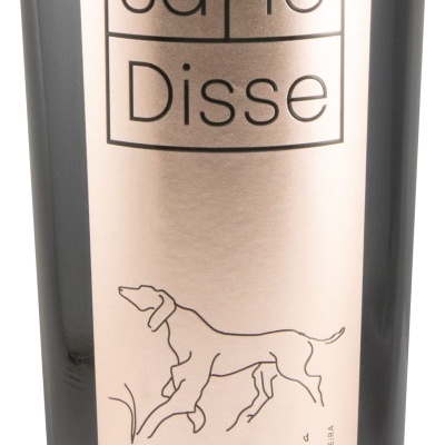 Garrafa de vinho com rótulo rosa claro, texto Já Te Disse e desenho de cão.