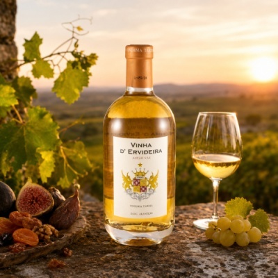 Garrafa de vinho branco Vinha DErvideira com copo, uvas e frutos secos à luz do pôr do sol