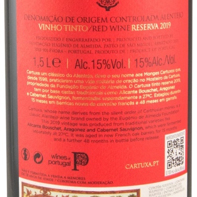 Rótulo traseiro vinho tinto Cartuxa Reserva 2019 1,5L 15%Alc vermelho com texto e códigos
