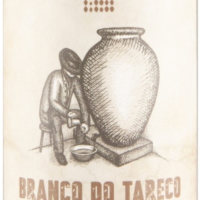 Rótulo de vinho branco BRANCO DO TARECO com ilustração de pessoa e ânfora