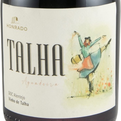 Rótulo de vinho TALHA com ilustração de mulher a dançar.