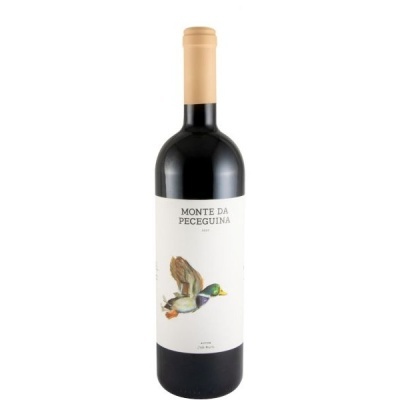 Garrafa de vinho tinto Monte da Peceguina com rótulo branco e pato a voar