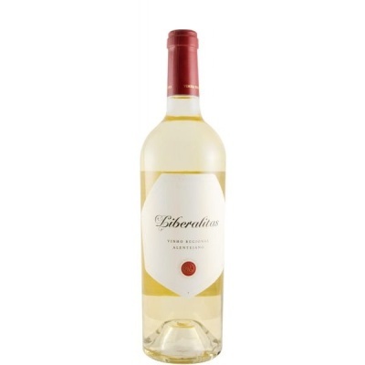Garrafa de vinho branco Liberalitas com rótulo branco e tampa vermelha