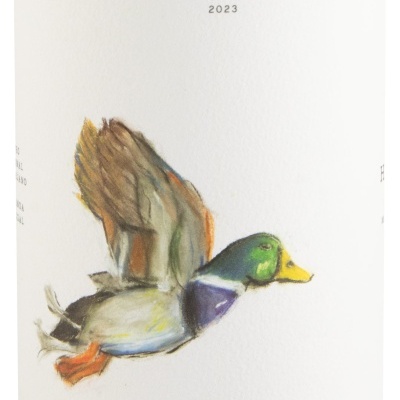 Rótulo de garrafa de vinho com texto Monte da Peceguina 2023 e desenho de pato voando.