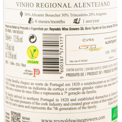 Etiqueta de vinho tinto Carlos Reynolds Tinto 2023 com informações de composição, volume e certificação VEGAN