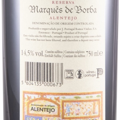 Etiqueta traseira de garrafa de vinho Marquês de Borba reserva 2019, Alentejo, com texto e selos