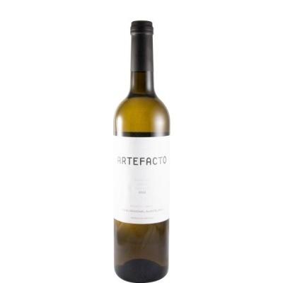 Garrafa de vinho branco com rótulo branco e texto Artefacto