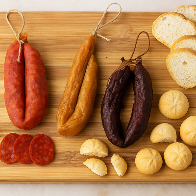 Tábua com enchidos variados, pão e pequenos pães redondos