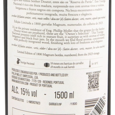 Etiqueta traseira vinho tinto Senhor Doutor Touriga Nacional Reserva 2023 1500 ml