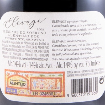 Etiqueta de garrafa de vinho tinto Elevage 2021, Alentejo DOC