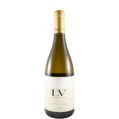 Garrafa de vinho branco LV com rótulo branco e cápsula dourada