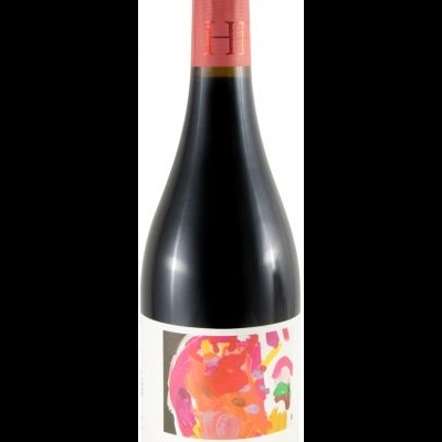 Garrafa de vinho tinto com rótulo colorido e cápsula vermelha