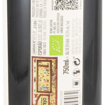 Rótulo de garrafa de vinho tinto ESPORÃO D.O.C. ALENTEJO com informações de produção em Portugal e selo ecológico.