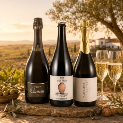 Três garrafas de vinho espumante com taças e azeitonas ao ar livre