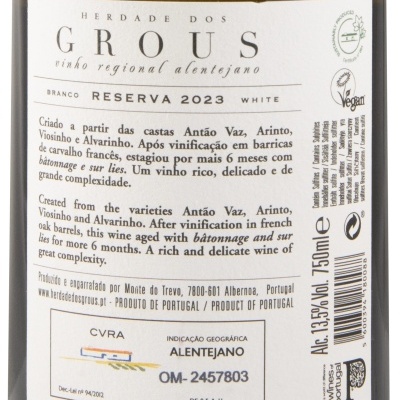 Etiqueta de vinho branco Herdade dos Grous Reserva 2023 do Alentejo
