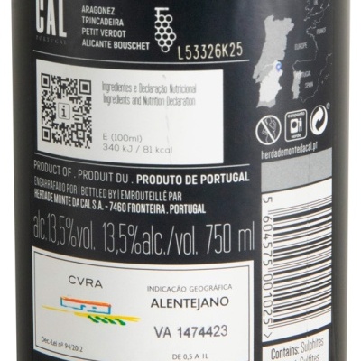 Rótulo traseiro vinho Monte da Cal Vinho Regional Alentejano 2023 com detalhes técnicos e código de barras