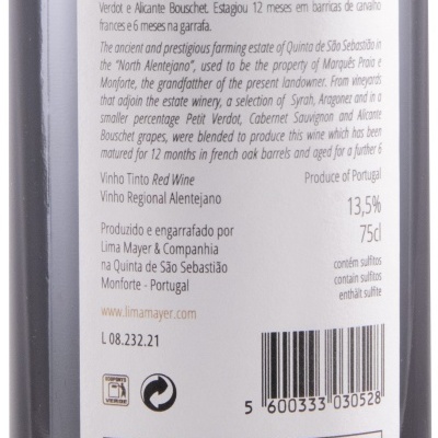 Etiqueta de vinho tinto regional Alentejano com texto descritivo, símbolos de reciclagem e código de barras