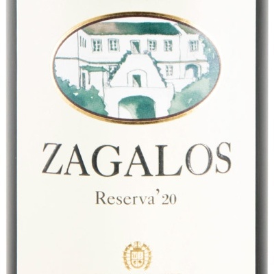 Etiqueta de vinho ZAGALOS Reserva 20 com desenho de casa e texto Quinta do Mouro