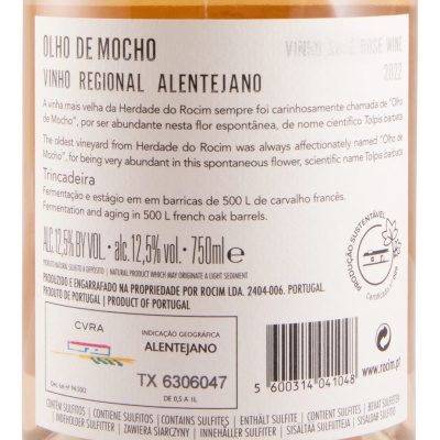 Rótulo de garrafa de vinho rosé Olho de Mocho com texto em português e algumas informações técnicas.