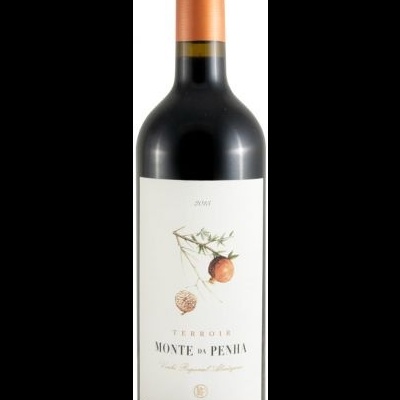 Garrafa de vinho tinto com rótulo branco e frutas desenhadas