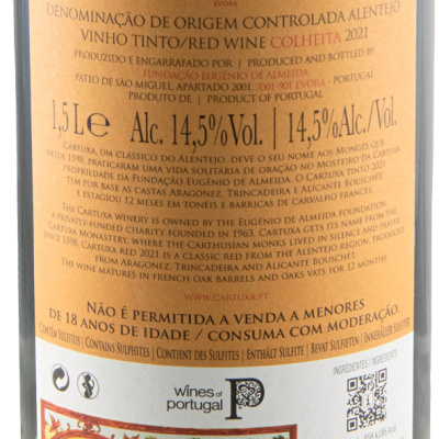 Etiqueta traseira de vinho Cartuxa 2021 do Alentejo com informações detalhadas e selos de origem.
