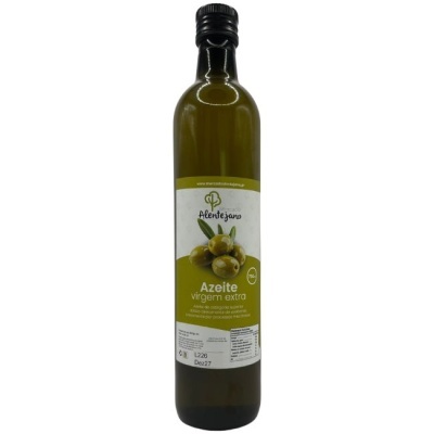 Garrafa de azeite virgem extra com rótulo de azeitonas