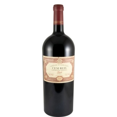 Garrafão de vinho tinto CEM REIS de vidro com rótulo creme e castanho