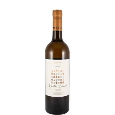 Garrafa de vinho branco com rótulo branco e cápsula castanha