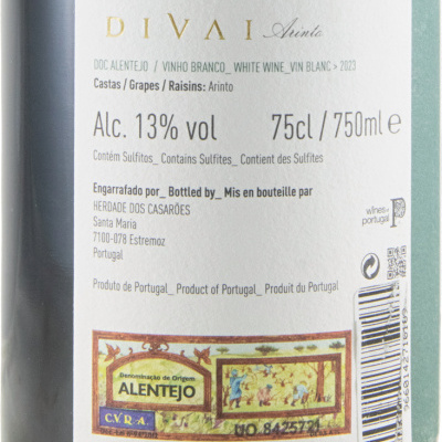 Etiqueta de vinho branco Divai Arinto com informações técnicas e selo de denominação de origem Alentejo.