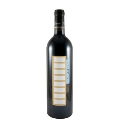 Garrafa de vinho tinto Scala Coeli Reserva com rótulo azul e branco