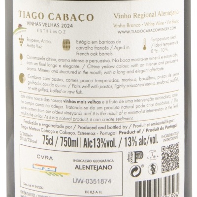 Rótulo de vinho branco Tiago Cabaço Vinhas Velhas 2024, Alentejo, 13% álcool, 75cl