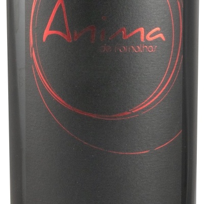 Garrafa de vinho com rótulo preto e texto vermelho