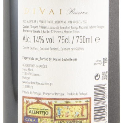 Etiqueta de garrafa de vinho tinto Alentejo Divai Reserva 2022
