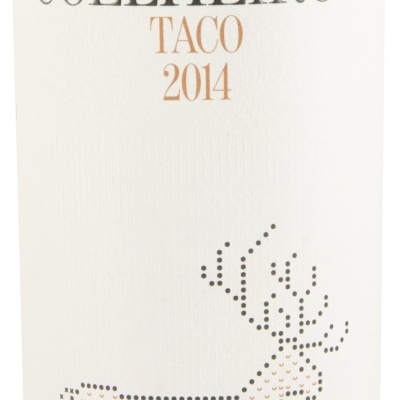Rótulo de garrafa de vinho com texto TAPADA DE COELHEIROS TACO 2014 e desenho pontilhado de veado