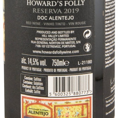 Etiqueta traseira de garrafa de vinho Howards Folly Reserva 2019 DOC Alentejo