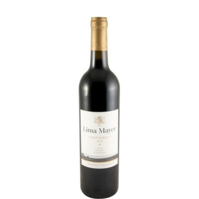 Garrafa de vinho Lima Mayer Petit Verdot 2020 com rótulo branco e tampa dourada