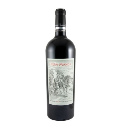 Garrafa de vinho tinto Pêra-Manca com rótulo ilustrado e texto
