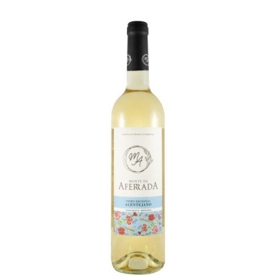 Garrafa de vinho branco Monte da Aferada com rótulo floral