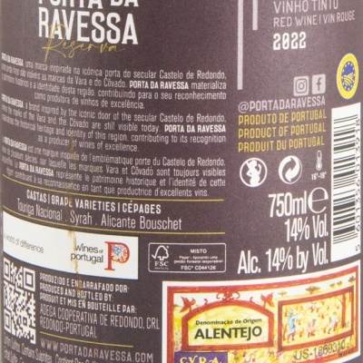Etiqueta vinho tinto PORTA DA RAVESSA Reserva 2022 DOC Alentejo