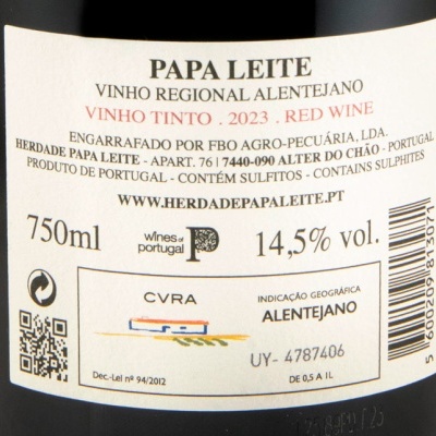 Etiqueta vinho tinto Papa Leite 2023 Alentejo 750ml 14,5% vol